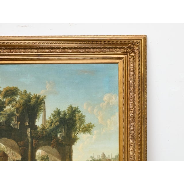 Textile 19th-Century Italian Oil on Canvas Classical Landscape with Arch Bridge Ruin For Sale - Image 7 of 12