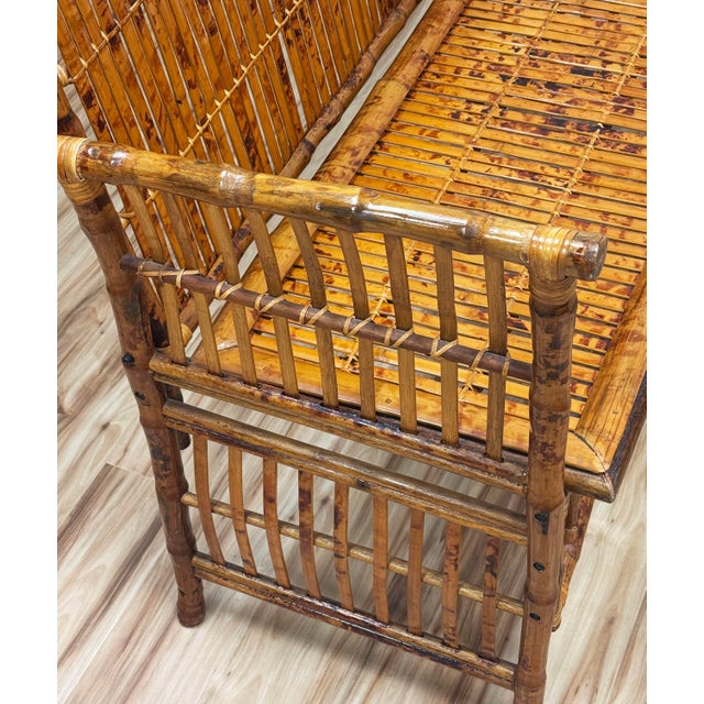Vintage Scorched Bamboo Settee Bench For Sale - Image 9 of 9