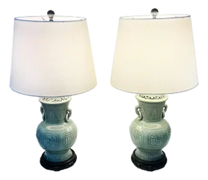 1940s Chinese Celadon Green Ceramic Table Lamps - A Pair