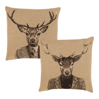 Pair of City Stag & Country Stag Tapestry Cushions With Feather Filler - 46x46cm For Sale