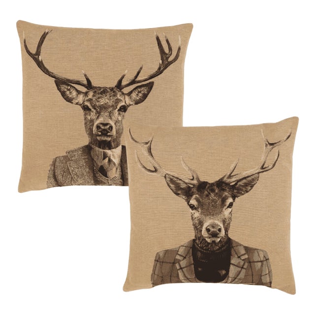 Pair of City Stag & Country Stag Tapestry Cushions With Feather Filler - 46x46cm For Sale