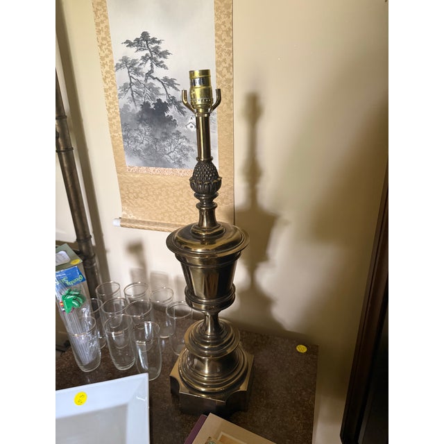Stiffel Curated Pair of Monumental Vintage Stiffel Neoclassical Brass Table Lamps With Custom Black Shades For Sale - Image 4 of 11