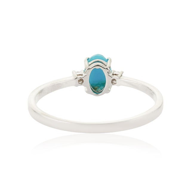 Oval Cut Turquoise & Diamond Solitaire Three Stone Ring in 14k Gold Size 5.5 For Sale - Image 9 of 13