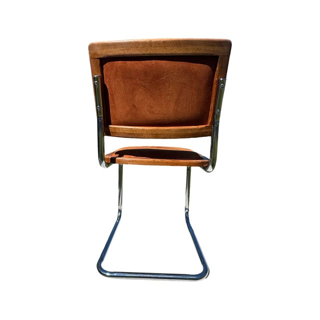 Mid-Century Modern Set of 4 Vintage 1970s Oak, Chrome & Cognac Suede Cantilever Dining Chairs For Sale - Image 3 of 9