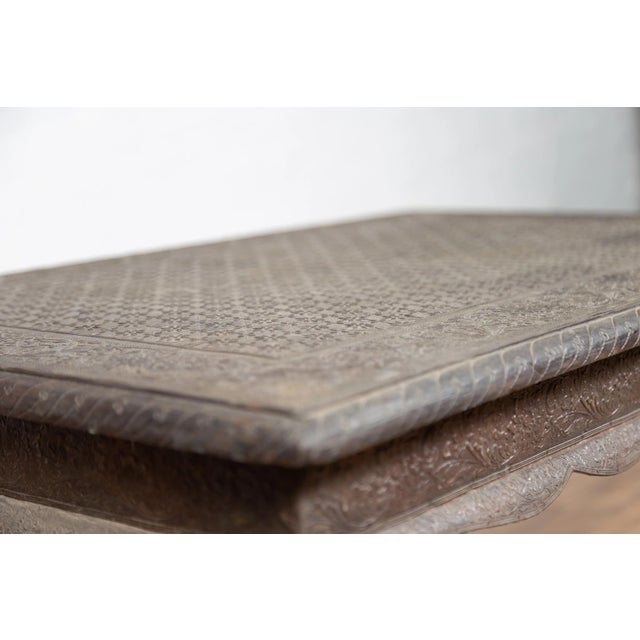 Vintage Indian Coffee Table with Brushed Metal Patina over Wood and Floral Décor For Sale - Image 4 of 13
