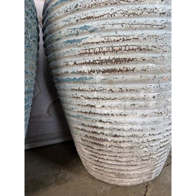 Pair of Antique Weathered Terracotta Garden Urns With Blue Patina For Sale - Image 4 of 12