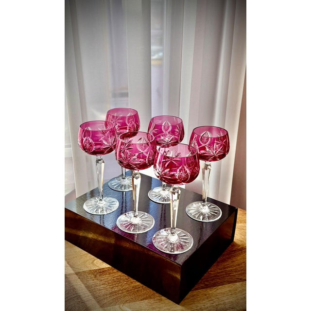 Mid-Century Modern Vintage Ruby Cut-to-Clear Crystal Hock Wine Glasses, 1950, Set of 6 For Sale - Image 3 of 16