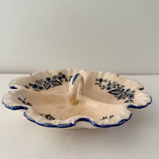 Early 20th Century Vintage Blue and White Floral Divided Relish Dish With Scalloped Rim For Sale - Image 5 of 10