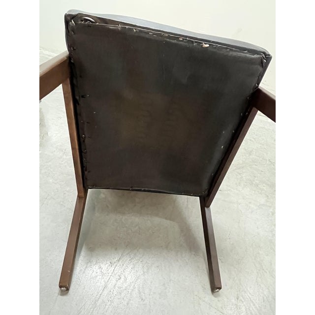 Mid-20th Century Black, Button-Tufted, Faux Leather Accent Chair With Wooden Legs & Arms - Vintage Charm! For Sale - Image 13 of 15