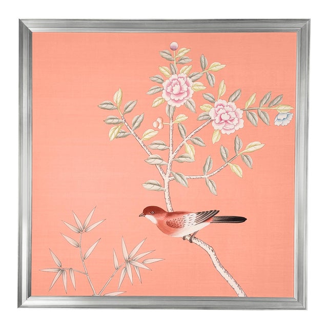 Custom hand-painted chinoiserie panel on dyed blush pink silk framed as a vertical diptych. We've scaled down a custom...
