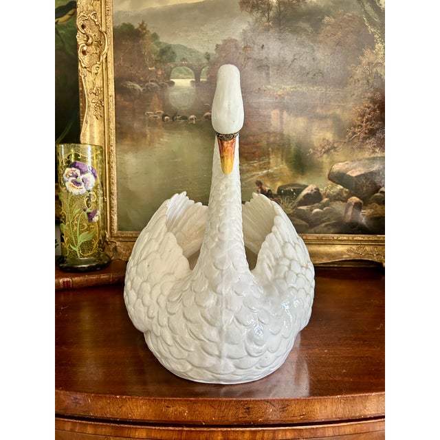 Italian Large White Ceramic Swan Centerpiece Jardinière For Sale - Image 3 of 10