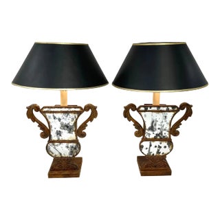 Late 20th Century Neoclassical Tole & Eglomise Mirrored Urn Motif Lamps - a Pair For Sale