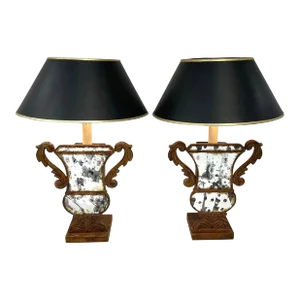 Late 20th Century Neoclassical Tole & Eglomise Mirrored Urn Motif Lamps - a Pair