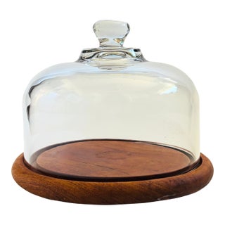 Vintage Glass Cloche on Teak Base For Sale