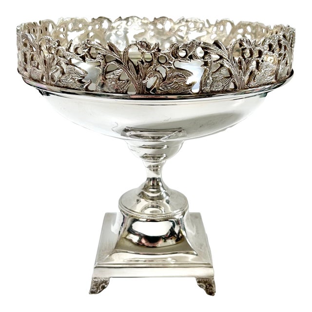 Vintage Silverplate Swan Pedestal Compote Bowl With Pierced Gallery Centerpiece For Sale