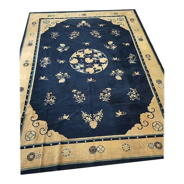 Classic Navy Background Color With Floral-Medallion Pattern Antique Chinese Peking Rug For Sale