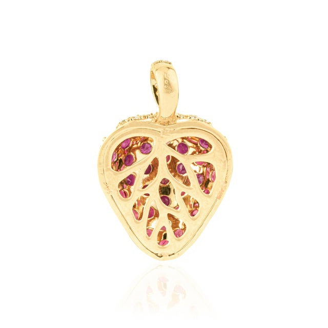 Whimsical Ruby Strawberry Pendant 2.55ct in 14k Yellow Gold With Pave Diamonds For Sale - Image 10 of 16