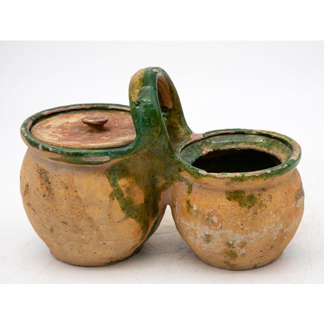 19th Century Green Glazed Shepherd's Lunch Holder With Bowls and Handle , France 19th C. For Sale - Image 5 of 10