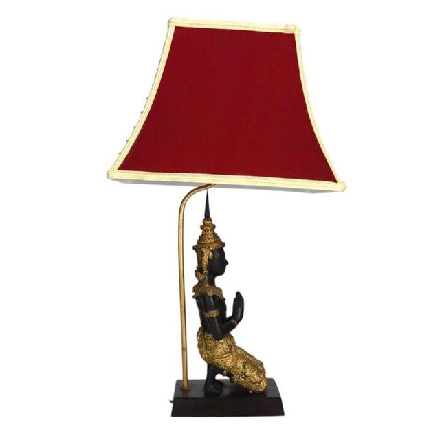 Traditional Antique Thai Lacquered & Gilt Figural Bronze Teppanom Guardian Angel Lamps - a Pair For Sale - Image 3 of 11