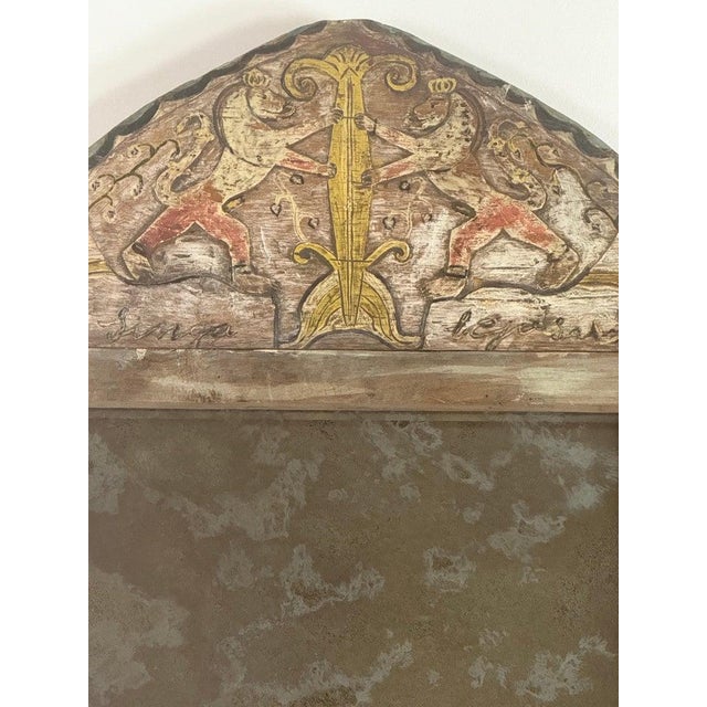 Coffee Pair of 19th Century Painted Folk Art Arched Mirrors With Heraldic Lion Crests For Sale - Image 8 of 13