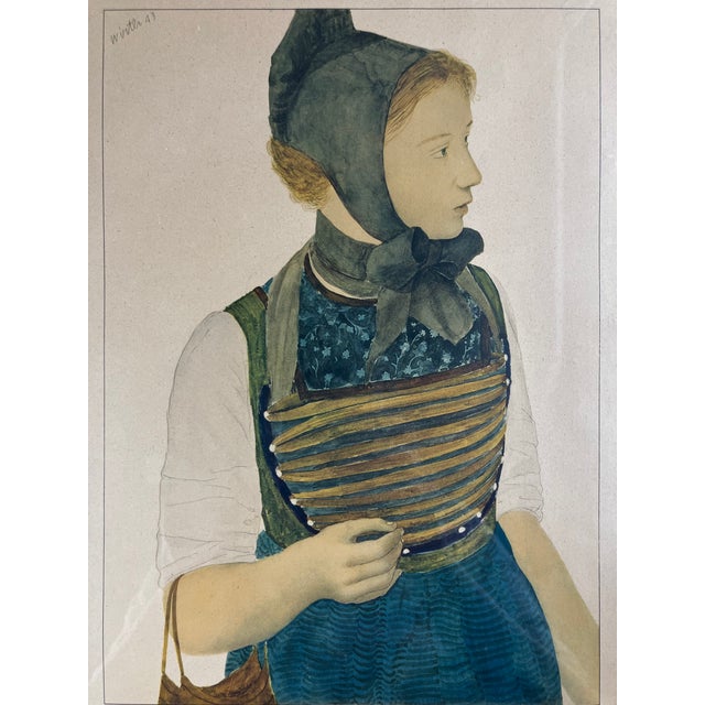 Vintage Framed Lithographic Prints From a Series Titled "Costumes Suisses" (Swiss Costumes) by Artist Kurt Wirth For Sale - Image 4 of 18