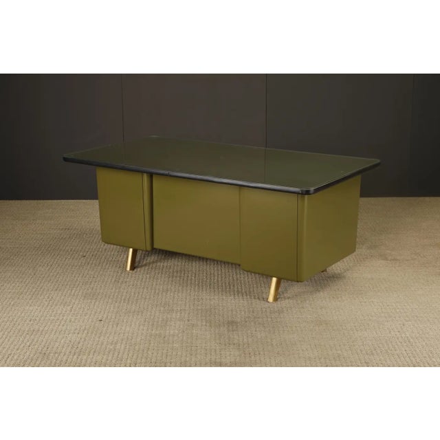 Mid-Century Modern Steel Tanker Desk in Olive Green W Glass Top and Brass, 1960s For Sale - Image 10 of 18
