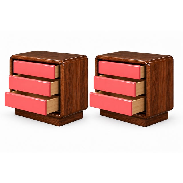 2000 - 2009 Pair of Postmodern Three-Drawer Nightstands — Rich Walnut & Salmon Finish For Sale - Image 5 of 5