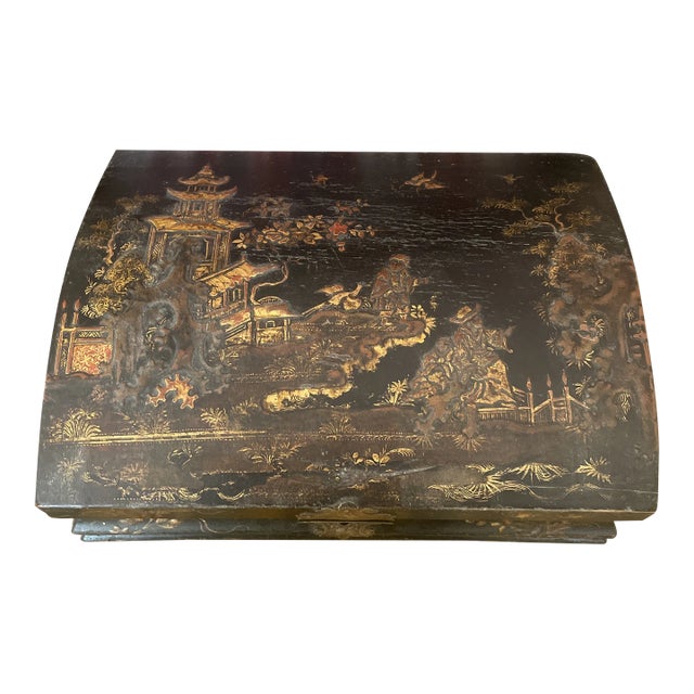 Antique Chinese Export Chinoiserie Black Lacquer Box For Sale