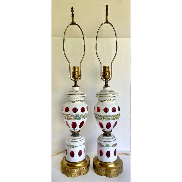 Antique Bohemian Czech Glass Floral and Brass Lamps - a Pair For Sale - Image 13 of 13