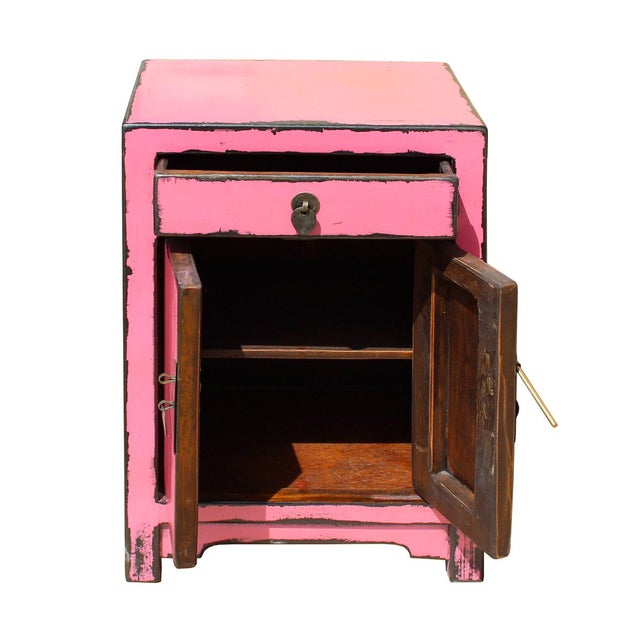 Chinese Distressed Pink Round Moon Face End Table Nightstand cs2641