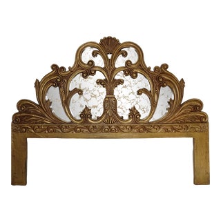 Vintage French Provincial Louis XVI Rococo King Headboard W Gold Vein Mirror For Sale