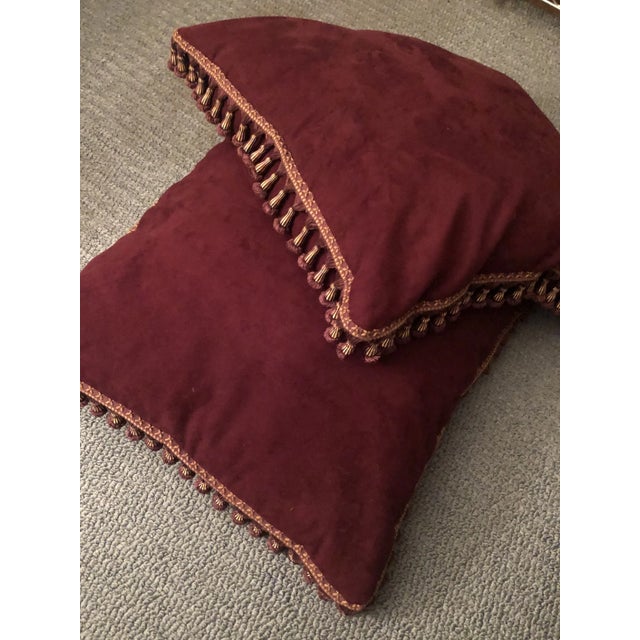English Custom Suede Purple / Burgundy Pillow Covers With Tassel Trim - a Pair For Sale - Image 3 of 10