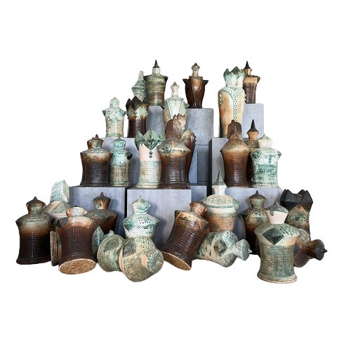Large Sculptural Ceramic Chess Set from Maria Kenarova, Set of 32 For Sale