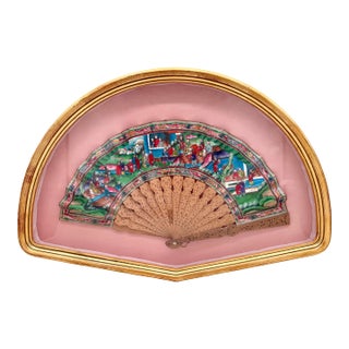19th Century Chinese Export Fan With Finely Pierced Boxwood Sticks and Hand-Painted Scene, Framed For Sale