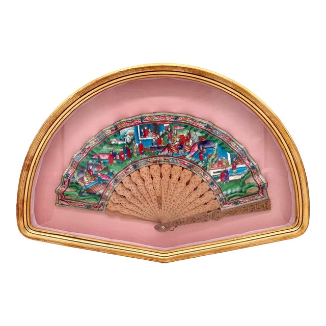 19th Century Chinese Export Fan With Finely Pierced Boxwood Sticks and Hand-Painted Scene, Framed For Sale