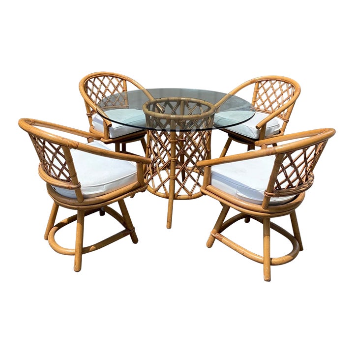 Vintage Bamboo Patio Dining Set with 4 Swivel Chairs and Tempered Glass