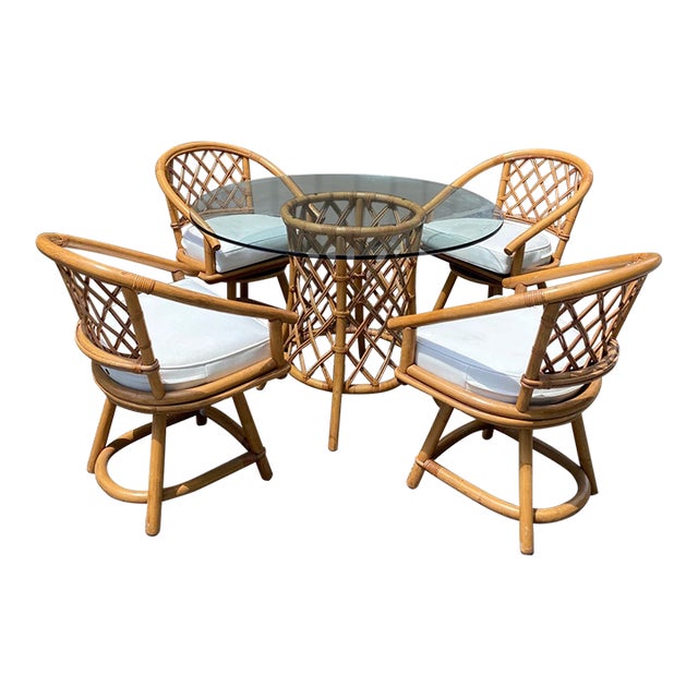 Vintage Bamboo Patio Dining Set with 4 Swivel Chairs and Tempered Glass