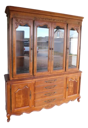 Henredon French Country Pierre Deux Walnut Lighted 2 Piece Cupboard Wall Cabinet