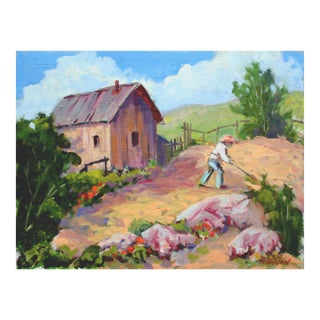 Original Carmel Valley Gardener Landscape, Signed Oil Painting by Ray Barton For Sale