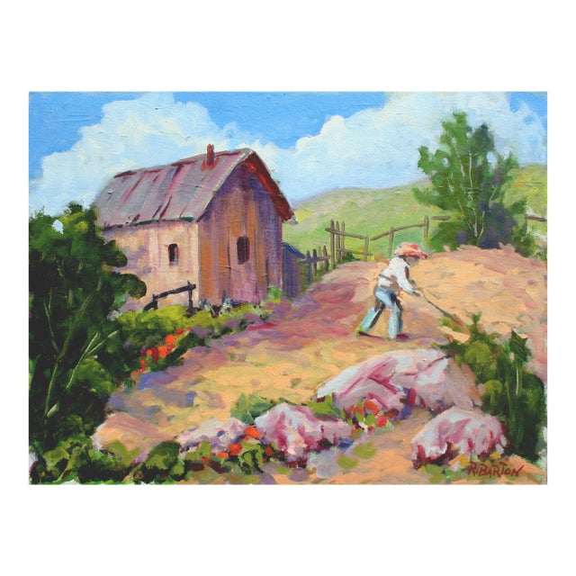 Original Carmel Valley Gardener Landscape, Signed Oil Painting by Ray Barton For Sale