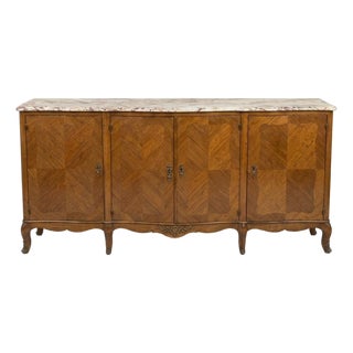 French Louis XV Style Sideboard With Walnut Marquetry, Bronze Hardware, and Cosmopolitan Quartzite Top For Sale