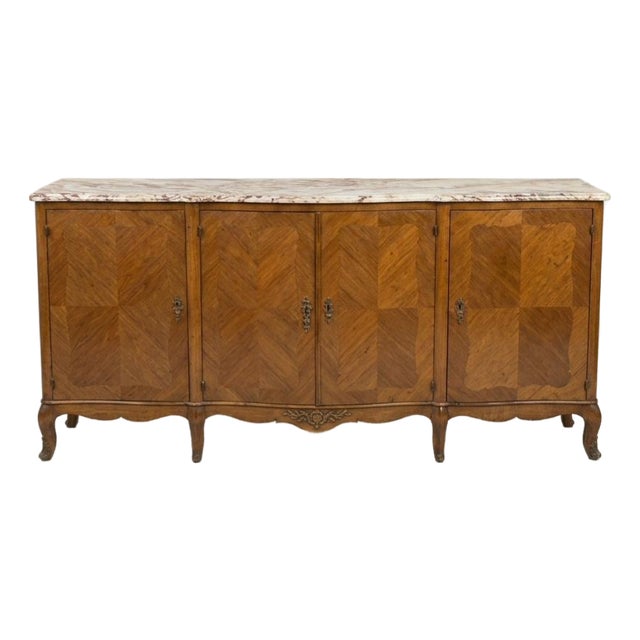 French Louis XV Style Sideboard With Walnut Marquetry, Bronze Hardware, and Cosmopolitan Quartzite Top For Sale