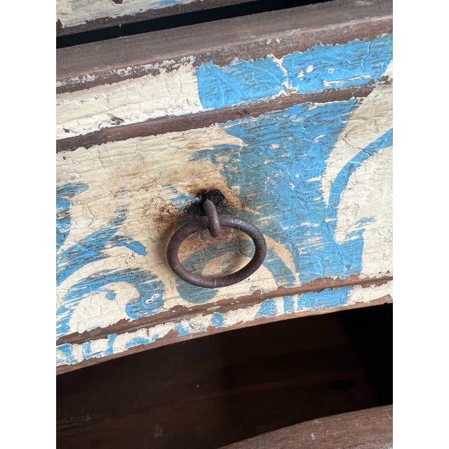 Beautiful pair of French bedside commodes with lovely blue and white patina. This lovely pair, feature a curved...