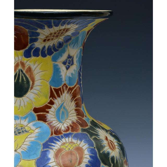 1930s Monumental Incised Floral Art Deco Pottery Vase, 19.5" Circa 1930 For Sale - Image 5 of 5