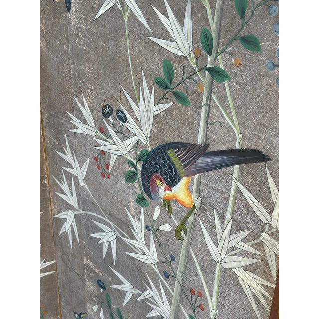 Antique Hand-Painted Japanese Three-Panel Screen With Birds and Bamboo Motif For Sale - Image 4 of 12