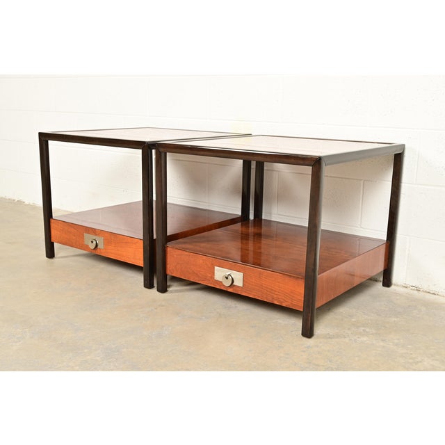 Michael Taylor for Baker Furniture Mid-Century Hollywood Regency Cherry Wood Nightstands or End Tables, Pair For Sale - Image 14 of 14