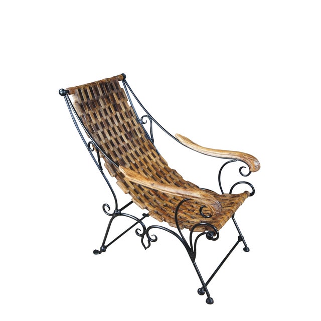 French Provincial Vintage Omani Scrolled Wrought Iron Teak Saddle Seat Lounge Armchair For Sale - Image 3 of 13
