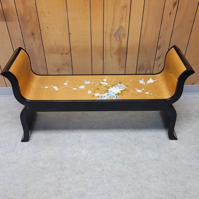 Wood Hollywood Regency Black Lacquer & Gold Leaf Chinoiserie Bench For Sale - Image 7 of 11