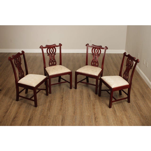 High Quality Carved Set Of 4 Solid Mahogany Frame Side Dining Chairs With Custom Upholstered Seats