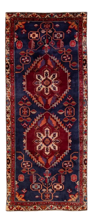 Vintage Hamadan Handmade Blue and Red Medallion Rug